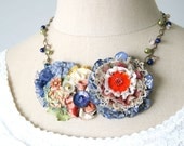 Colorful Statement Necklace, Fabric Flower Necklace, Button Necklace, Summer Jewelry Accessory