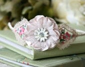 Fabric Flower Headband with Vintage Pink and Green Applique, Flower Girl Headband, Vintage Wedding