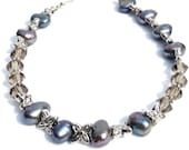Silver Pearl Bracelet, Silver Stars, Gray Crystal, Reflective Iridescent Cultured Pearls, Silver Beaded Flowers