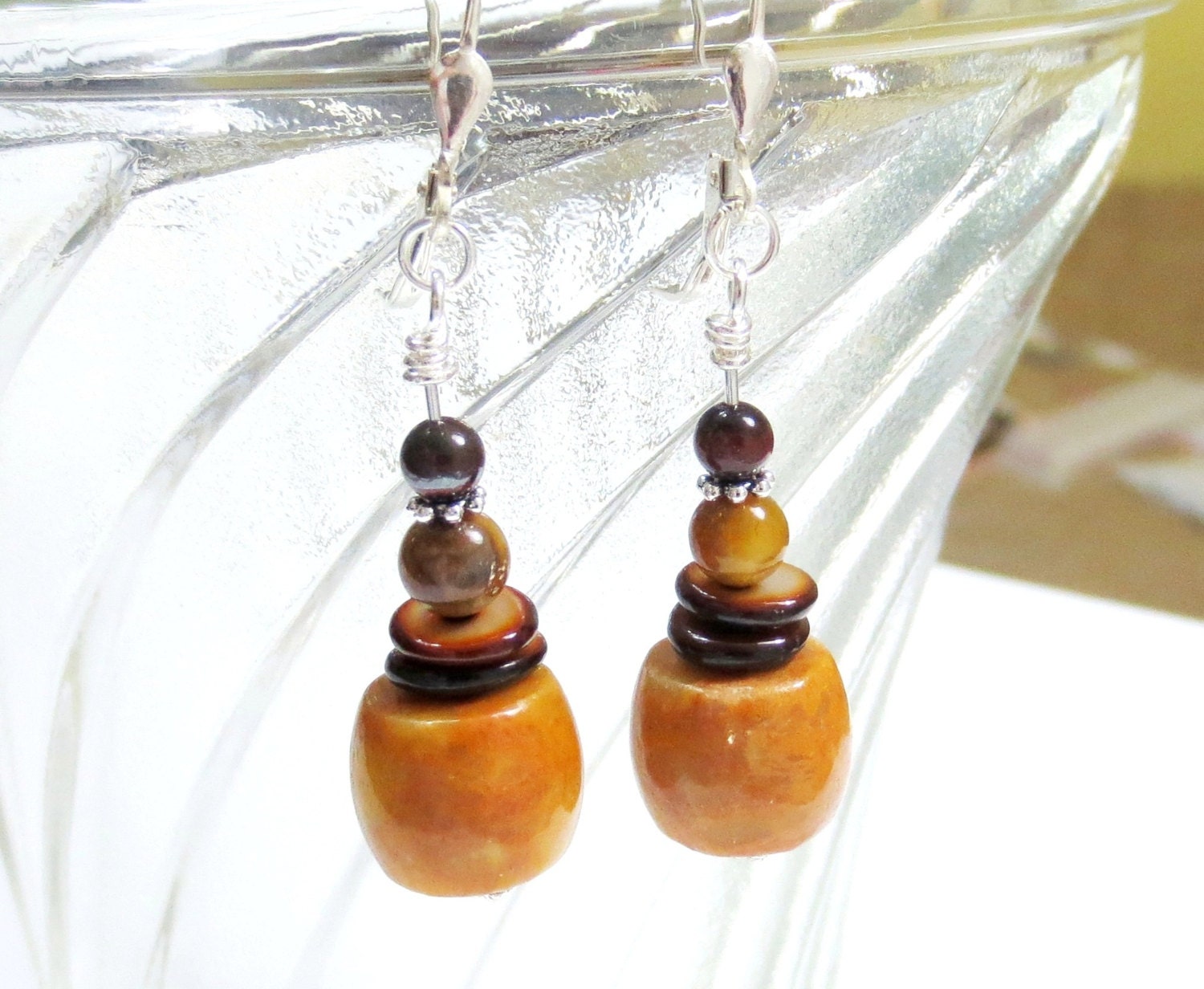 Yellow Jasper Earrings, Swirled Golden Yellow, Brown Shell Heishi, Sterling Silver, Golden Brown Shell Beads, Shell and Gemstone Earrings