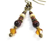 Bronze Gemstone Earrings, Brown Jasper, Tan Shell Heishi, Bohemian Dangle Earrings, Topaz Swarovski Crystals, Handmade Earrings