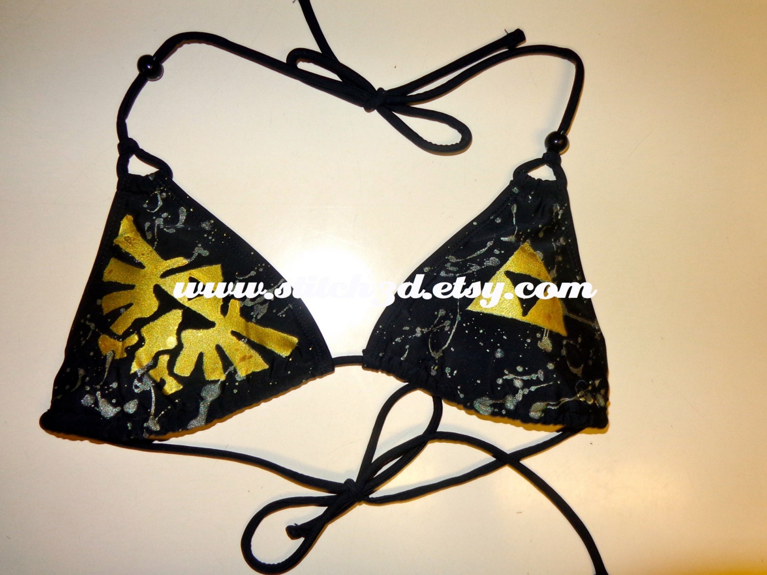 black Legend of Zelda triforce splatter swimsuit bikini TRIANGLE TOP