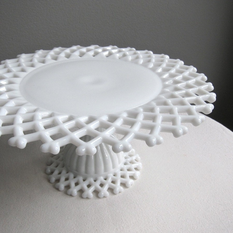 Lattice Border Milk Glass Cake Stand by Westmoreland, 1960s Plate