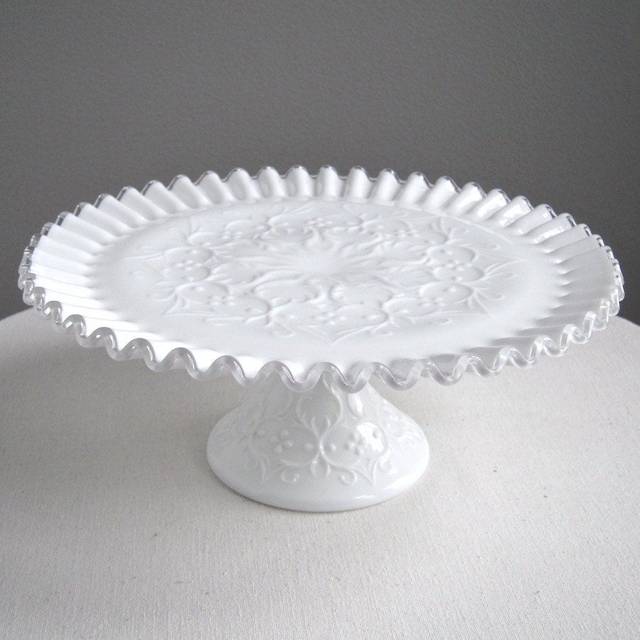 Milk Glass Cake Plate by Fenton - Silver Crest Spanish Lace Wedding Decor