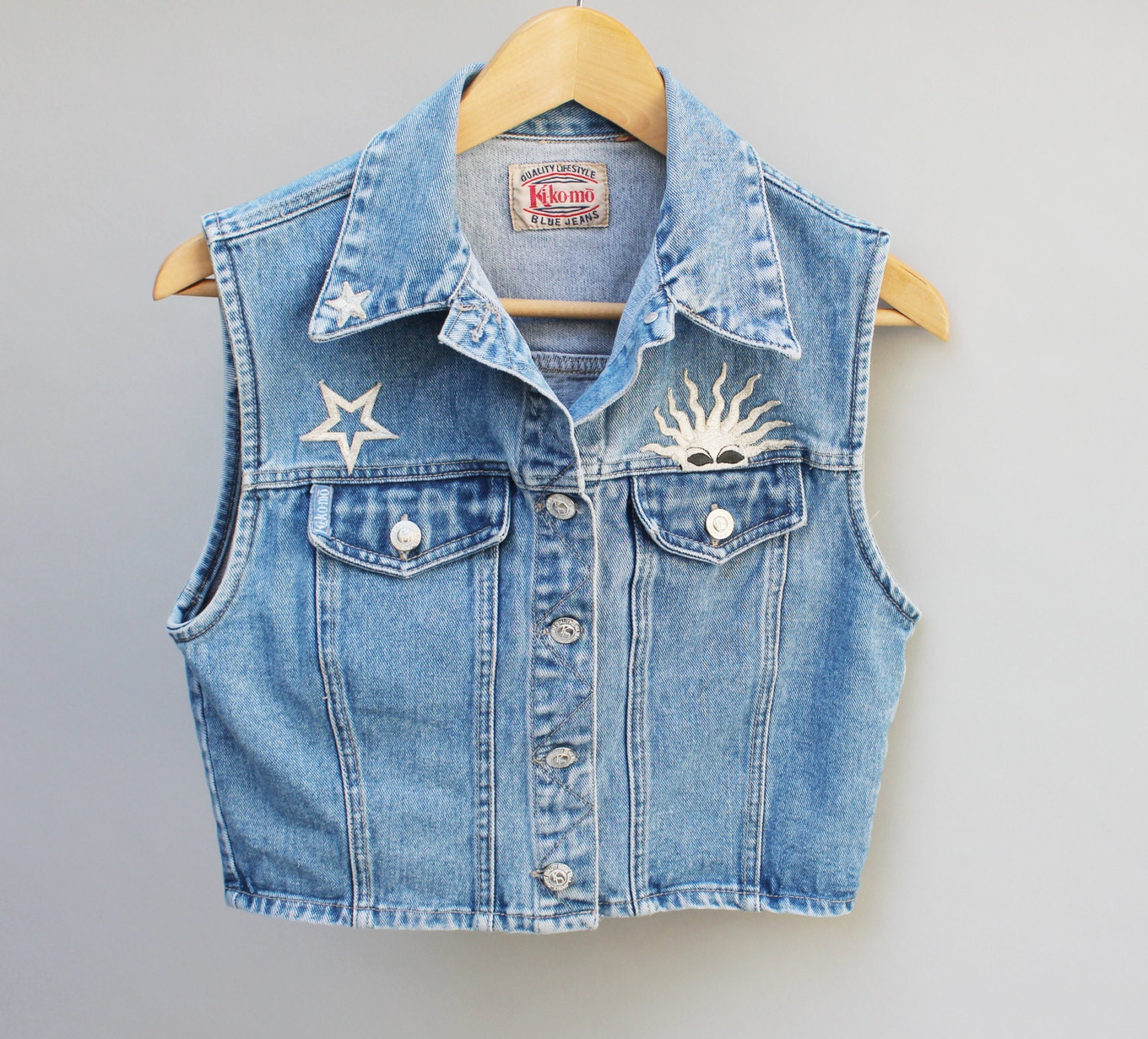 80s vintage women's cropped denim vest, Silver Celestial embroidery  - Small