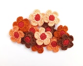 Crocheted flowers applique, colorful embellishments, decorations - peach pink, orange, brown /set of 12/