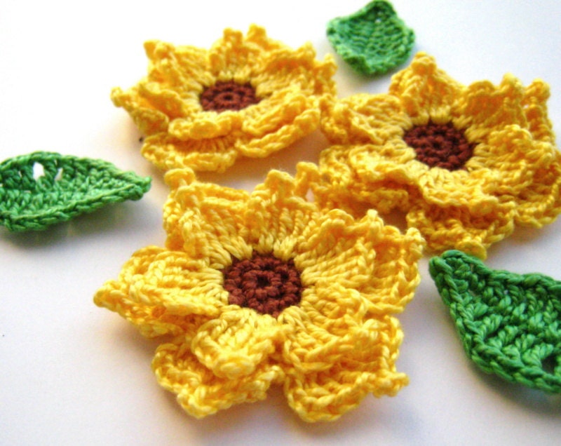 Crocheted sunflowers applique with green leaves, yellow flowers embellishments, wedding decorations /set of 3/