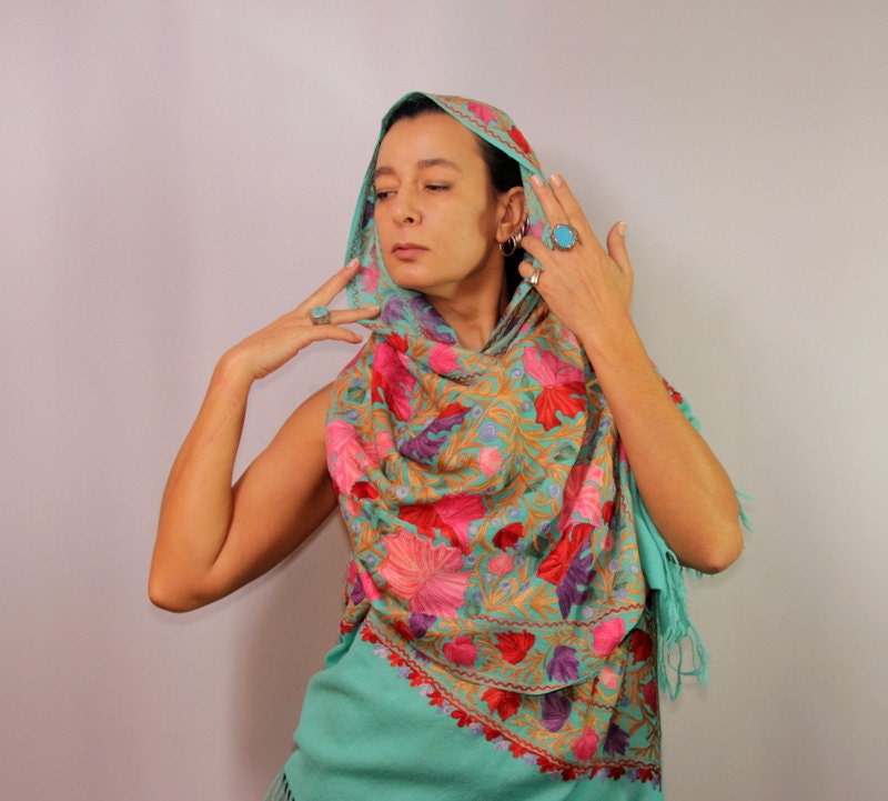 At Last / Luxury Pashmina Shawl Pure Silk Scarf Pashmina Turquoise Pink Purple Red Pure Wool Woven Shawl Wrap Silk Embroidered Flowers