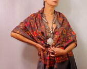 Les Fleurs de Paradis / Sheer Shawl Wrap Pashmina Stole Charcoal Burgundy Red Orange Yellow Pure Wool Woven and Pure Silk Embroidered