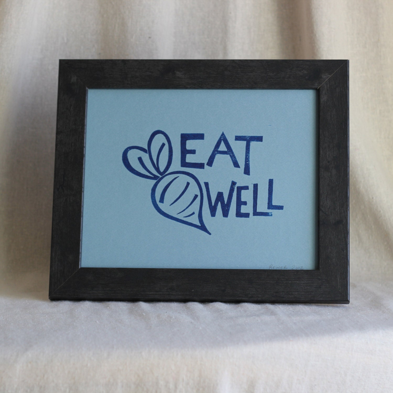 Kitchen Art Print, Eat Well, Linocut Block Print,  8 x 10 Image Size