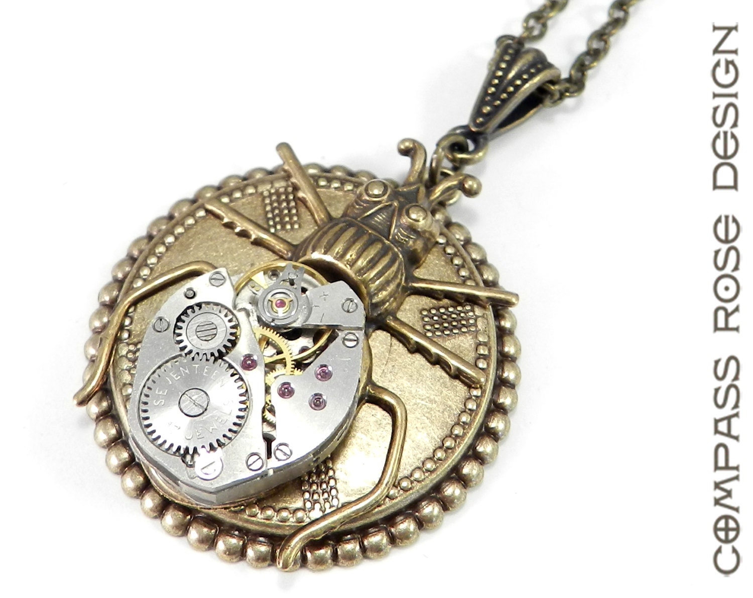 Vintage Insect Steampunk Necklace - Clockwork Gold Silver Beetle Unisex Statement Insect Steampunk Necklace