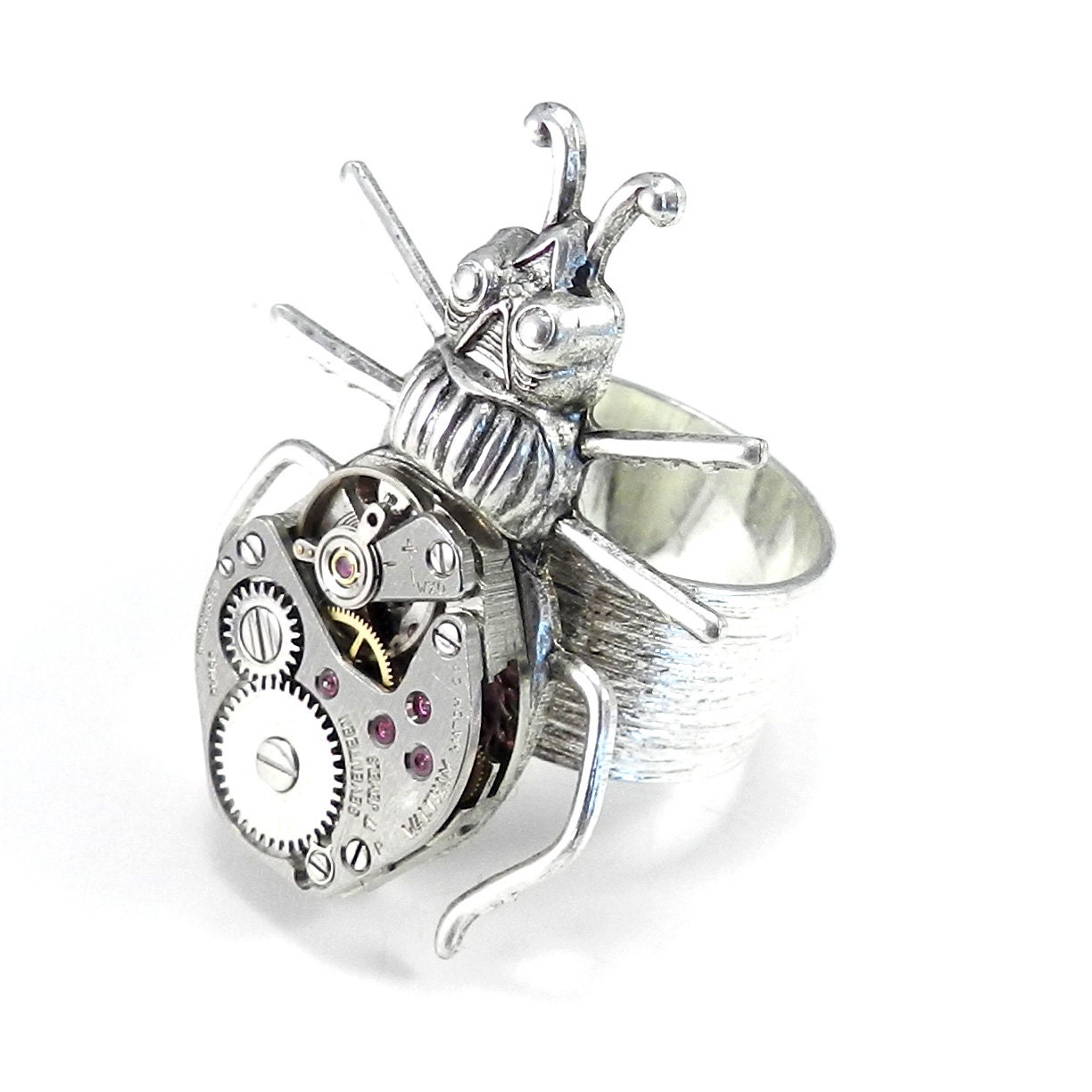 Steampunk Ring - Clockwork Scarab Beetle Ring - Egyptian Revival - Silver Steampunk Scarab Ring - Victorian Insect Watch Movement Ring