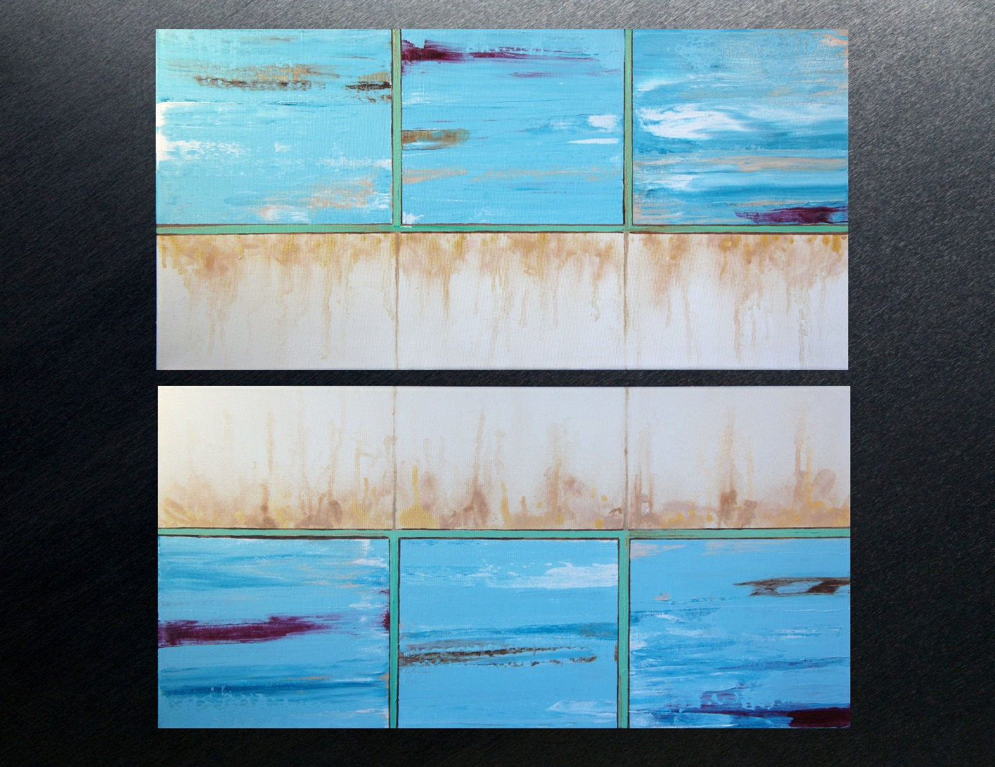 ORIGINAL large abstract diptych two canvas acrylic wall art turquoise and gold pa24x24 palette knife drip painting abstract landscape