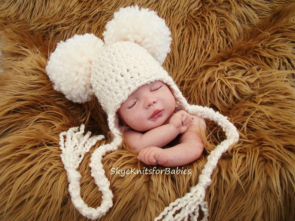 Crocheted Earflap Pom Pom Beanie with Tassels, Choose Any Color, Photography Prop