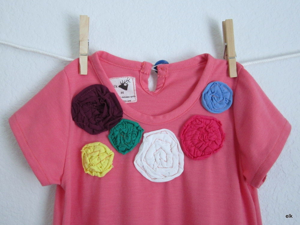Girls Dress - Coral Pink and Rainbow Roses, READY TO SHIP (6m, 2T, 4, 5, 6, 7, 8)