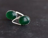 Oval Green Agate with Spike Accent - Sterling Silver Post Earrings