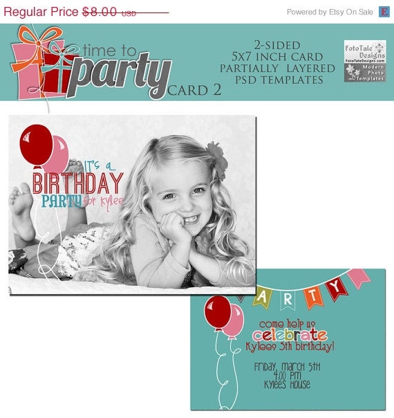 SALE INSTANT DOWNLOAD - Time To Party Card 2- 5x7 Birthday Invitation- Photo Template