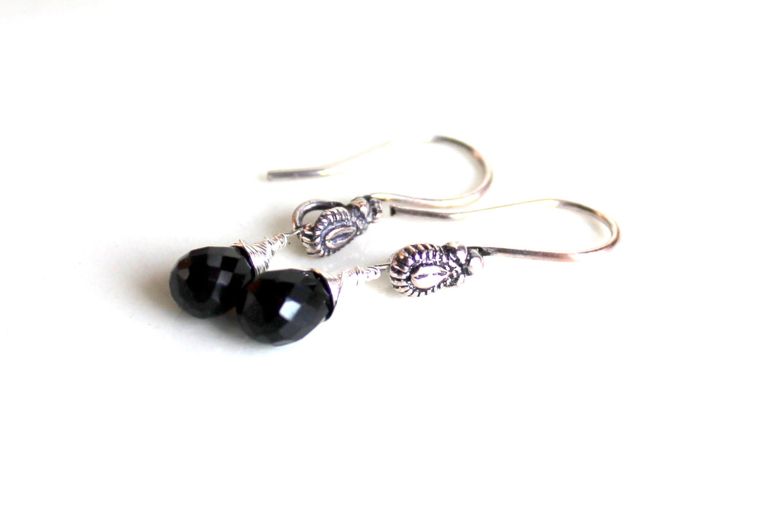 gothic onyx teardrop earrings / black onyx faceted sparkling earrings  FREE SHIPPING sterling wrapped gemstone gift - UniqueNecks