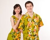 60s Matching Hawaiian Outfits - His & Hers Honeymoon Set - Avocado Green Tropical Flowers