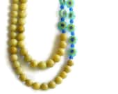 Mothers Day Spring Necklace Fossil Stone Flowers Millefori Gemstone Maize Turquoise Cobalt Double Strand Hippie Boho
