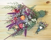 COTTAGE CHIC Wedding Bouquet and Boutonniere - Green - Purple - Orange