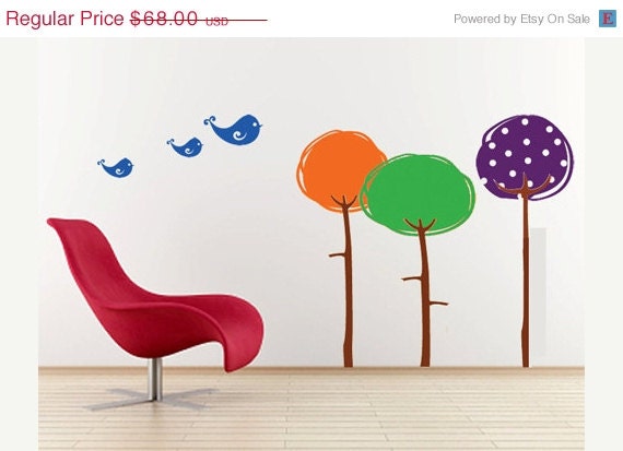 SALE 10% OFF Trees with Birds  Wall Decal Vinyl Art