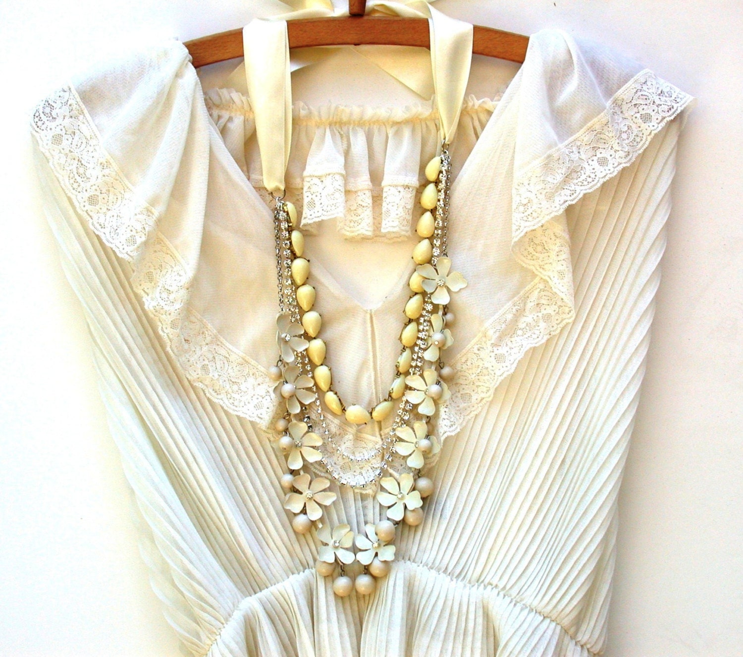 Wedding Necklace, Multi Strand Vintage Inspired Cream Satin Ribbon, Enamel Cream Flowers  Beads And  Rhinestone Chains, Bridal, Wedding