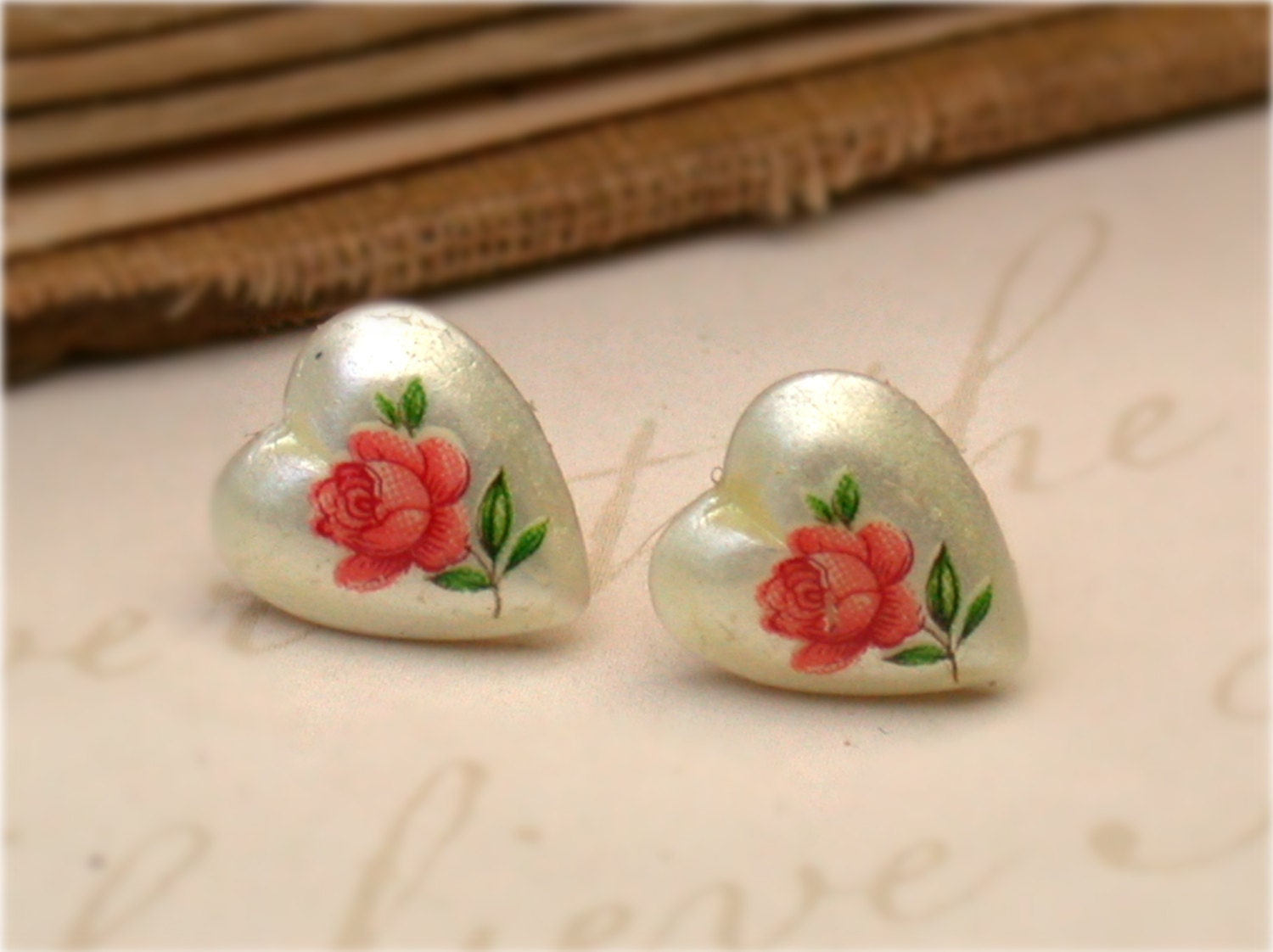 Vintage Pearly  Porcelain with a Red Rose Studs Earrings