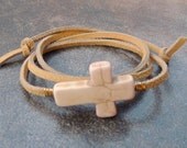 Leather Wrap Bracelet, Boho Wrap Bracelet, Chunky White Cross Bracelet, White Cross Leather Wrap Bracelet, Eva