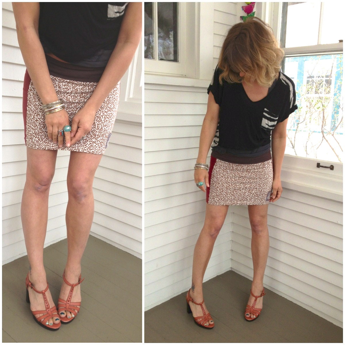 Eco Mini SKIRT, Size S, Upcycled Clothing,recycled, giraffe and rustic red mix,  hippie, festival, hippie, boho by Zasra