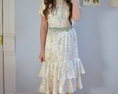 Vintage Champagne & Pastel Floral Dress - SIze Medium
