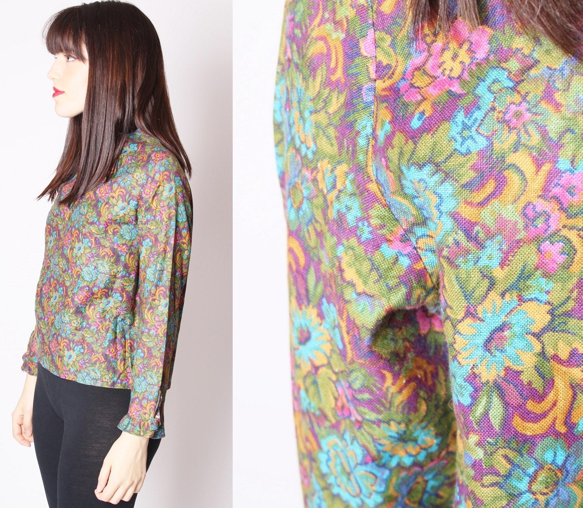 60s Floral Mod Paisley Rustic Ruffle Frill Cuff Blouse / Ruffle Blouse / Garden 60s Floral / 60s Vintage Blouse / 2284