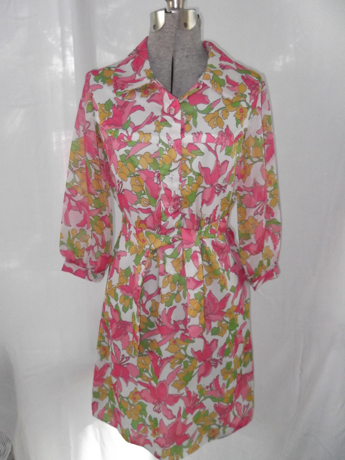 Vintage 1960s Dress Homemade Shirtwaist Tunic Floral Lined Sheer Sleeves Belt
