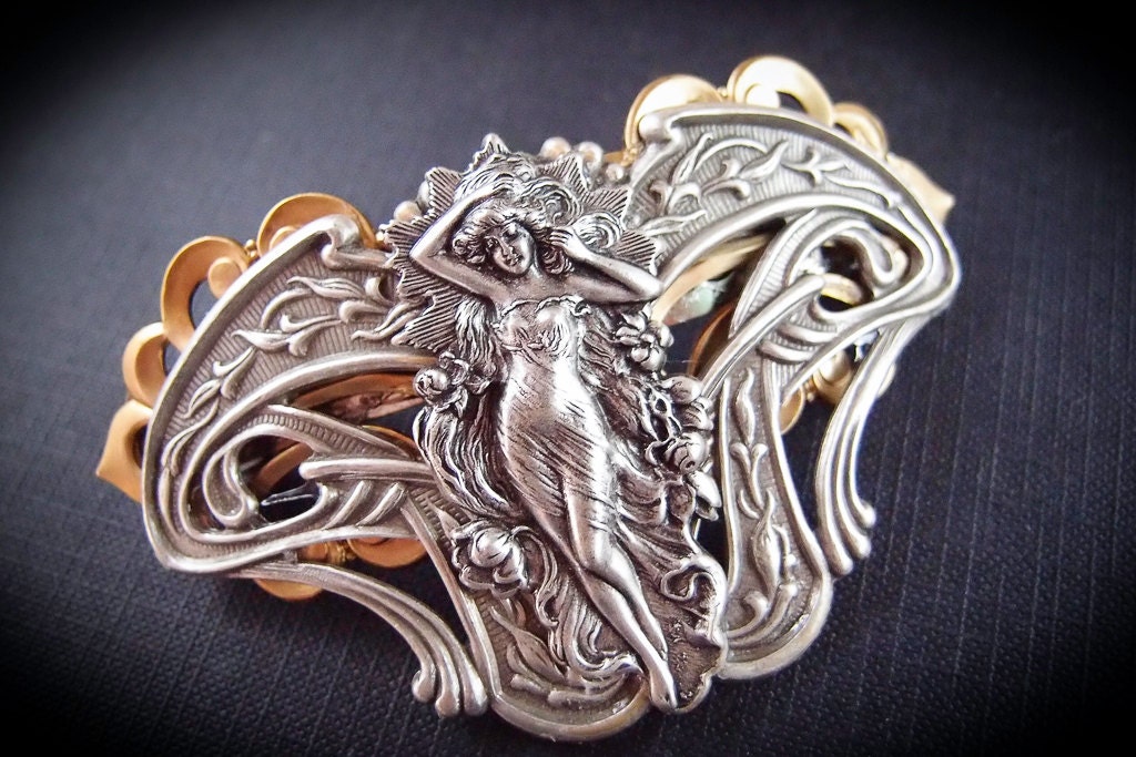 Hebe-- Art nouveau goddess royal frenchhair barrette in aged silver brass