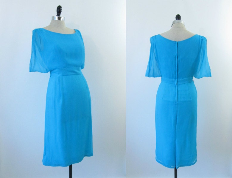 Vintage 1950s 1960s Chiffon Dress Cerulean Blue Aqua Size S