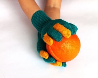 Spring accessories - turquoise toddler gloves, kid arm warmers with yellow