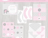 Baby Girl Pink Grey Elephant Bird Printable Baby Shower Party Digital Announcement Invitation DIY