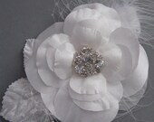 White Wedding fascinator Bridal hair flower headpiece accessory rose  lace french feather rhinestone crystal