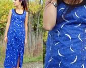 Vintage Moon Outer Space Royal Blue Silver Metallic Night Sky Stars Maxi Dress