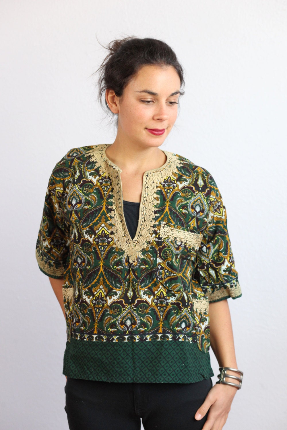 Vintage Ethnic Tribal Paisley African Shirt with Tribal Design Gold Trim