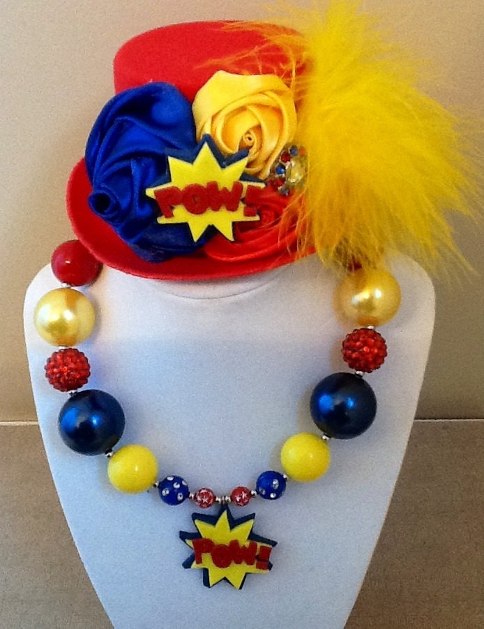 Custom Super hero Wonder Woman mini top hat and chunky necklace. Great for birthday parties photo shoot Halloween or just because