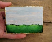 Small Landscape Painting, miniature painting of field with emerald green grass, ACEO landscape painting on STRETCHED canvas