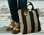 Brown Striped Tote Bag Laptop Owl Bag Real Leather Handles - faima