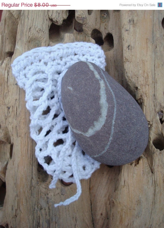 ON SALE Striped Irish Beach Pebble  in Crochet Bag Handmade in Ireland