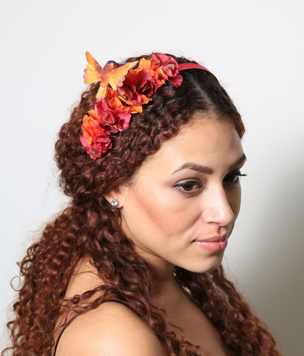 Tropical Humming Bird Flower Headband - coral, orange, pink