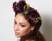 Large Dark Purple and Green Rose Garden Flower Headband