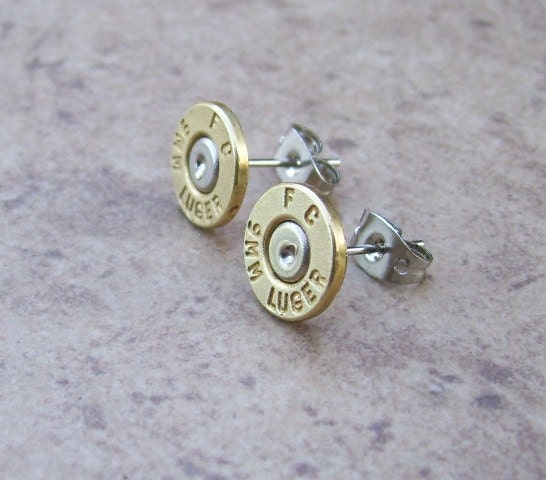 Bullet Earring - Federal Cartridge 9mm Luger,  Thin Lightweight Earring, Nickel free Surgical Steel Stud - 807