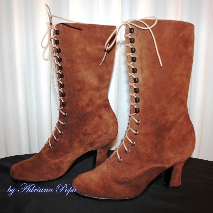 Boots Victorian  Boots Lace up in Suede Chocolate Maroon leather High Heels Size 9US/ 39 european in Stock ORDER your size