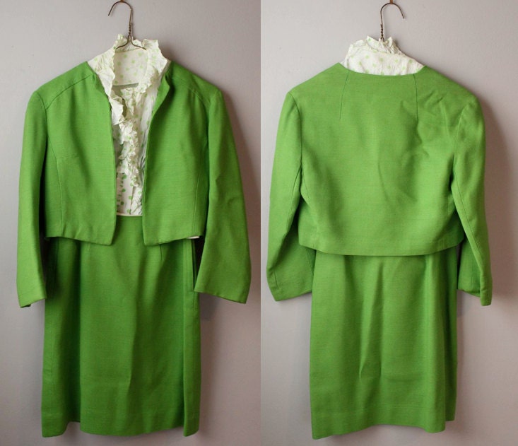 1960s lime green 2 piece linen skirt suit