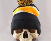 Yellow Black and White Pom Pom Embroidery PV Beanie
